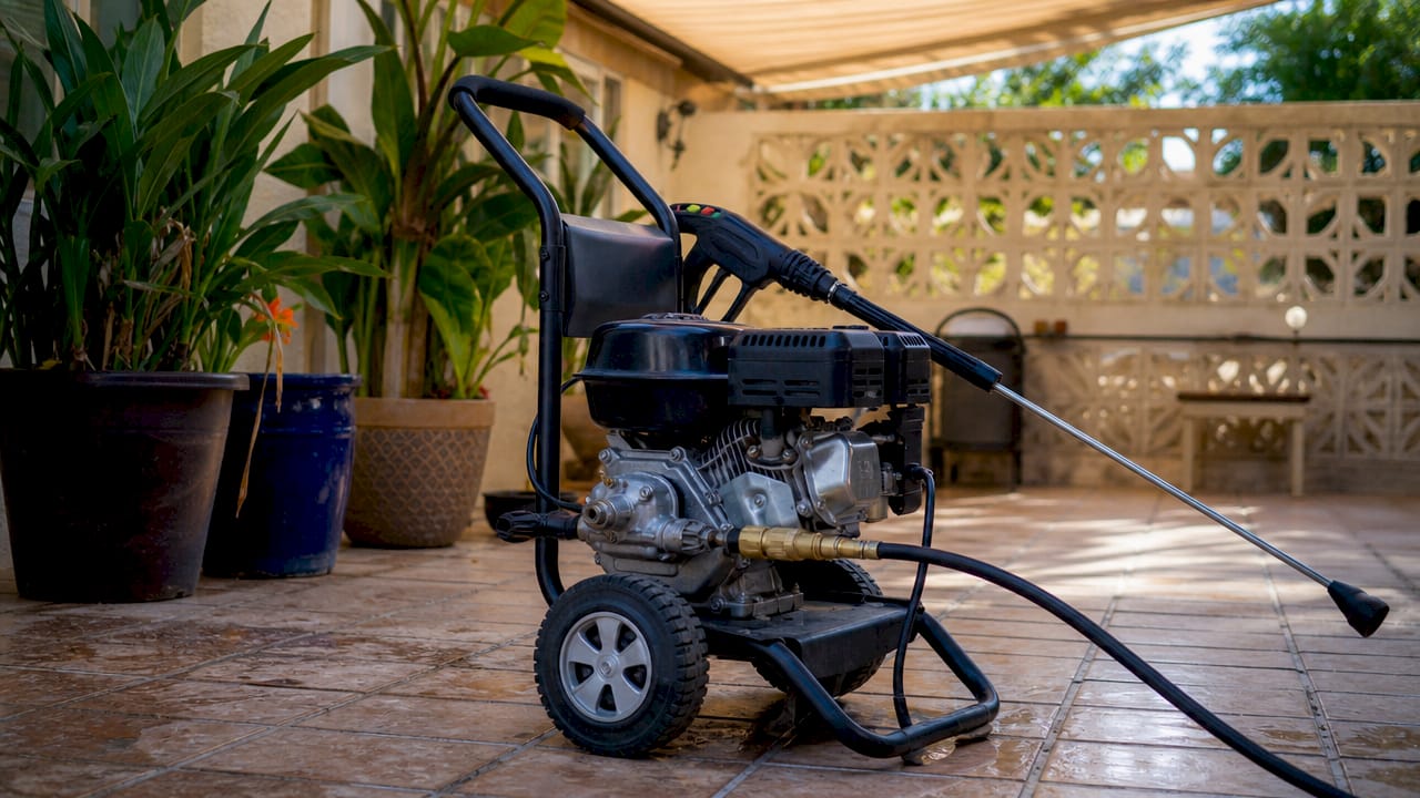 Close-up of pressure washer pump and nozzle components
