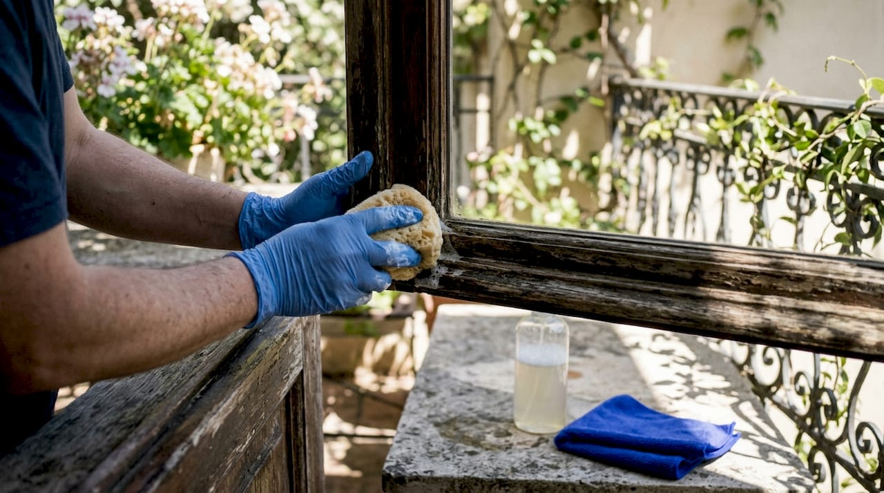 Hands cleaning timber window frame gently