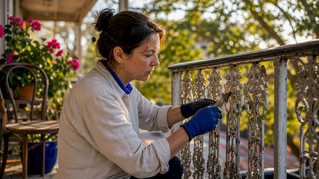 Conservator restoring Victorian cast iron verandah lacework