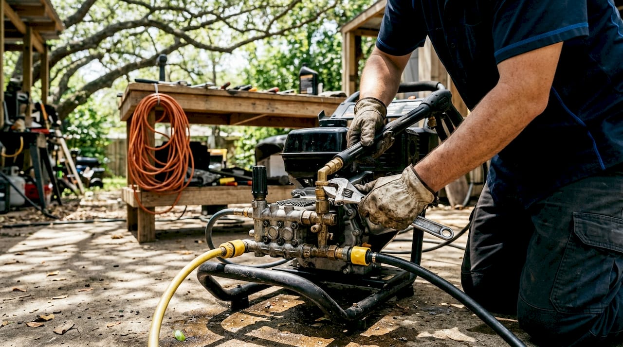 Close-up of pressure washer pump mechanism
