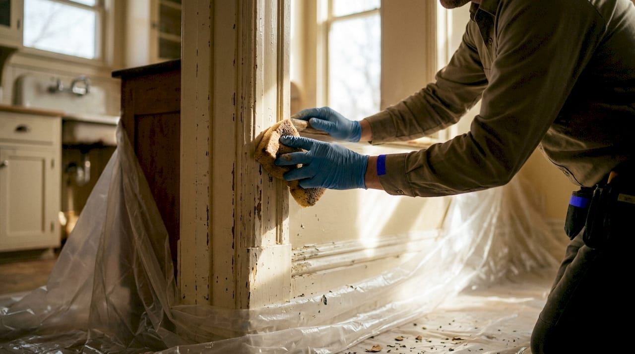 Hands wet-scrubbing lead paint in controlled area