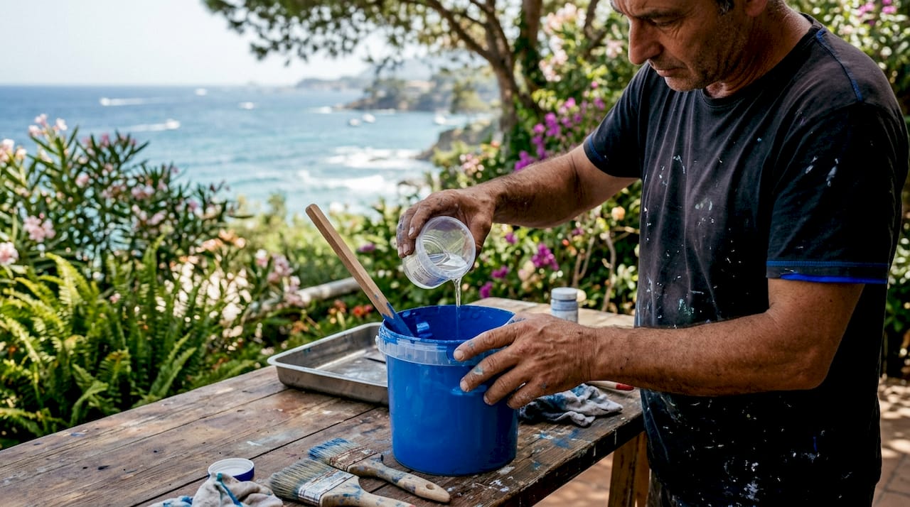 Painter displaying coastal paint additives near workbench