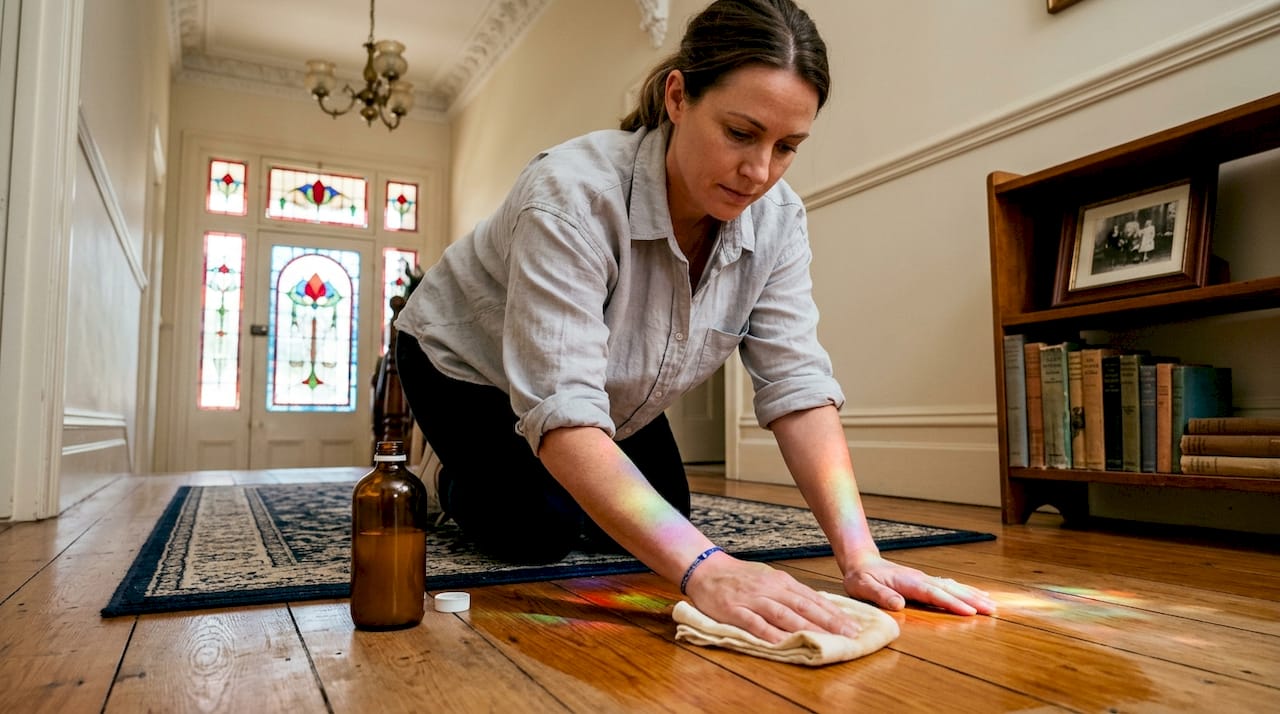 Hands polishing timber floor in heritage home hallway