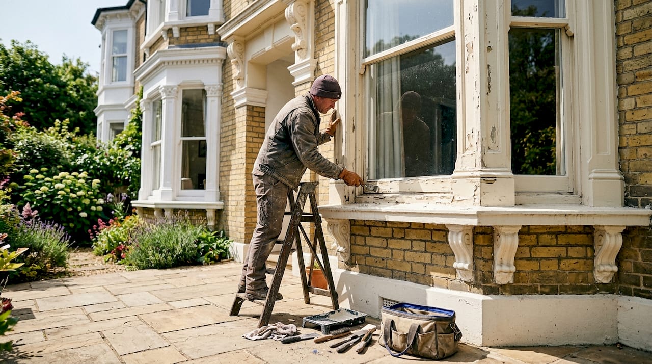 Hands scraping paint from period home woodwork