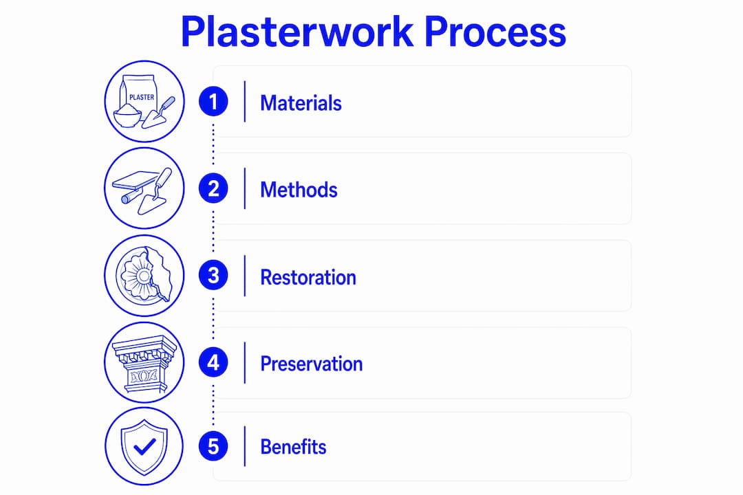 Infographic illustrating plasterwork materials and methods process