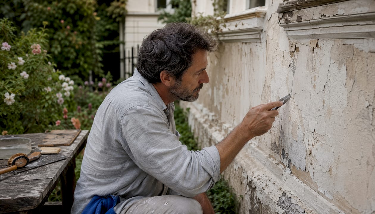 Painter inspecting plaster cracks inside heritage home