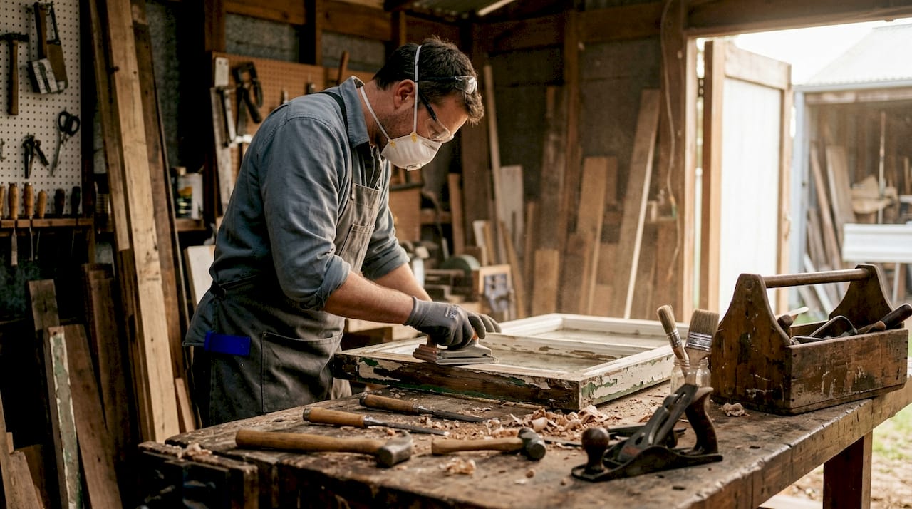 Restorer sanding Victorian sash window frame