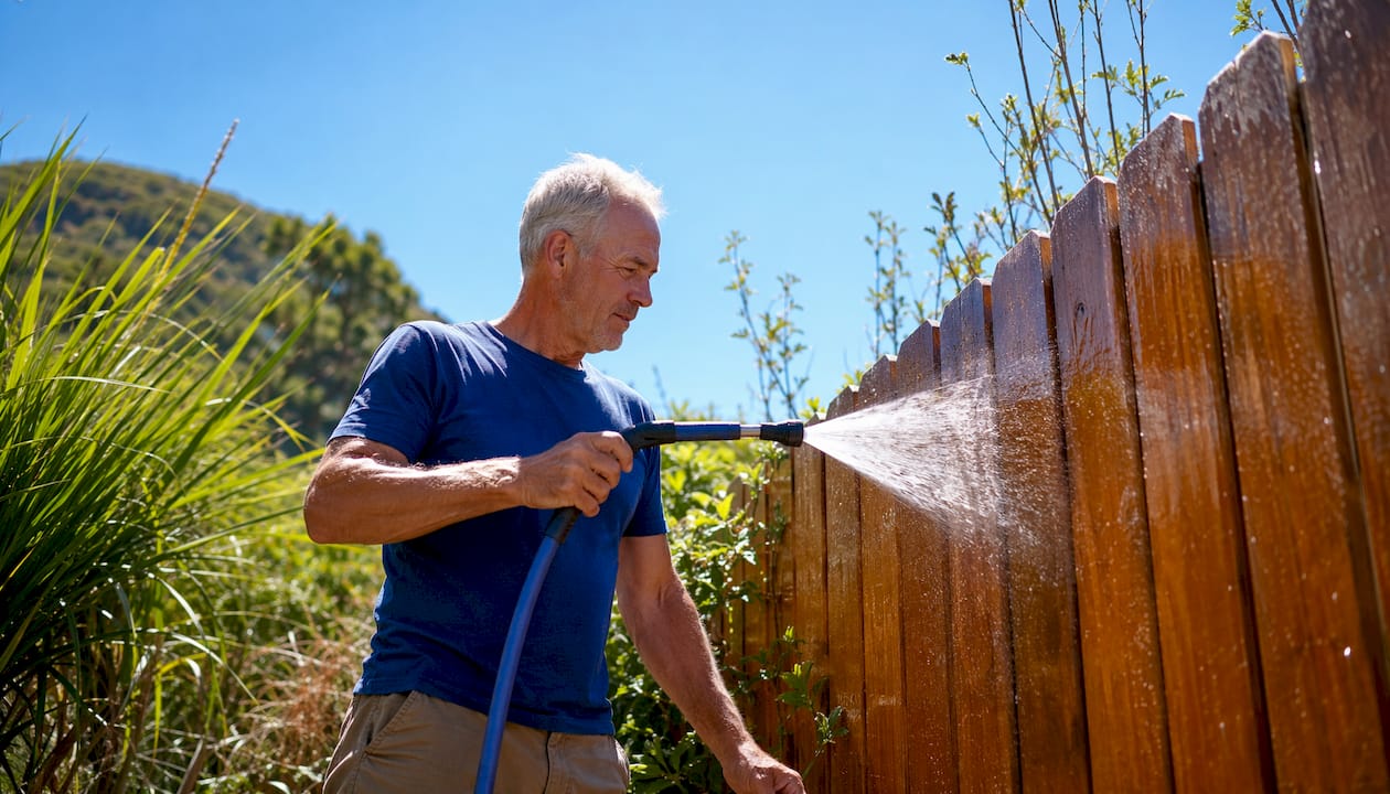 Man rinsing sealed timber fence near coast