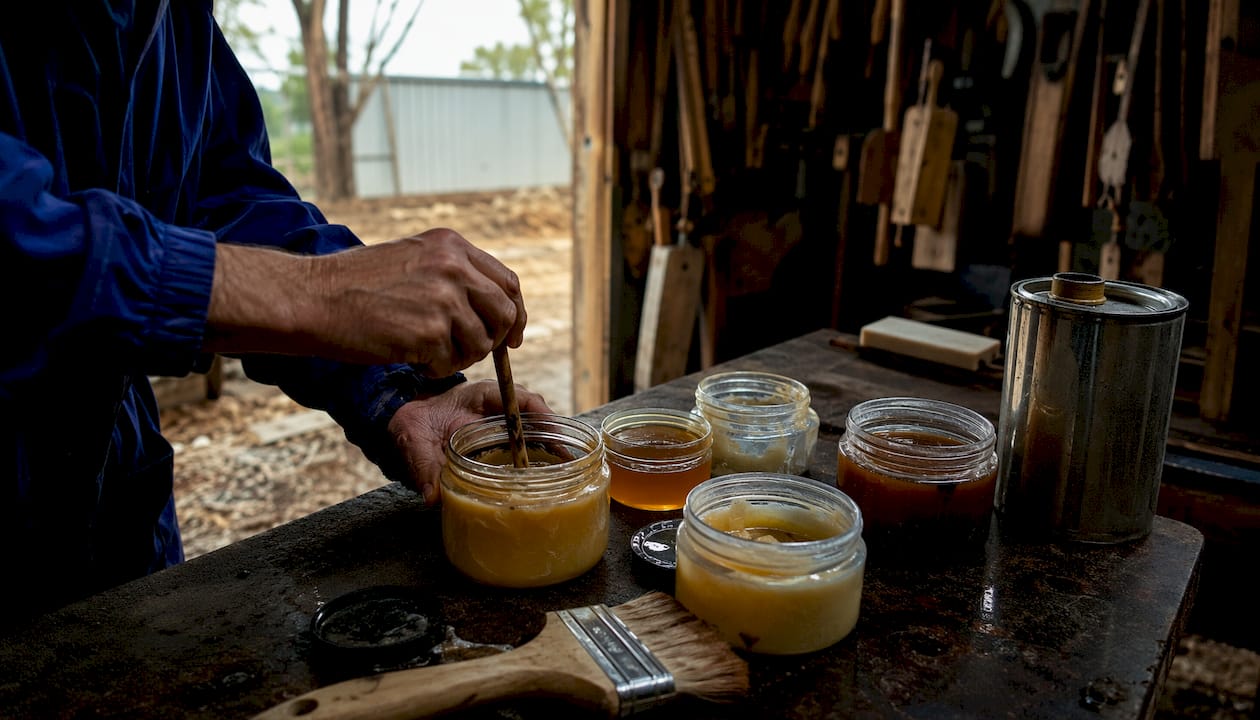 Hands holding various timber sealers on workshop bench