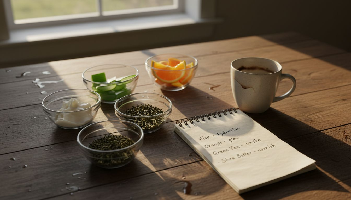 Natural skincare ingredients arranged on kitchen table