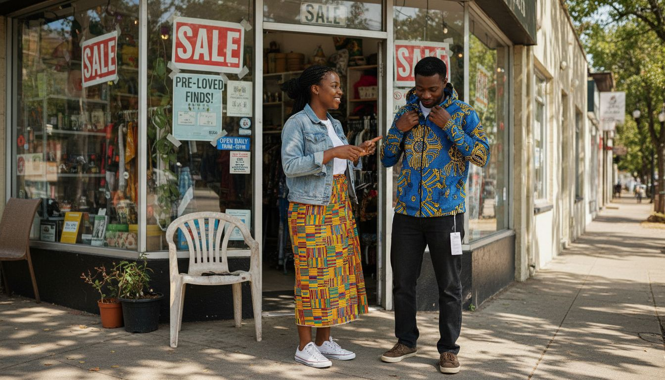 Two friends reviewing African streetwear outside shop