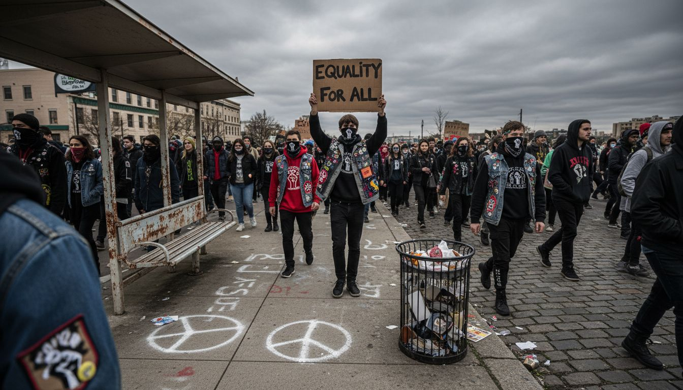 Protest crowd in activist streetwear marching
