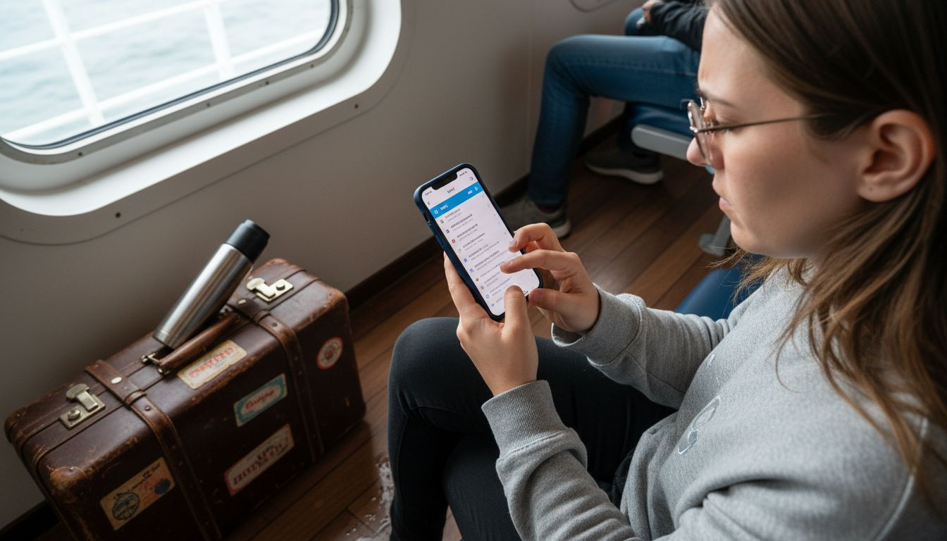 Una mujer intenta encontrar una red wifi fiable mientras viaja en el ferry.