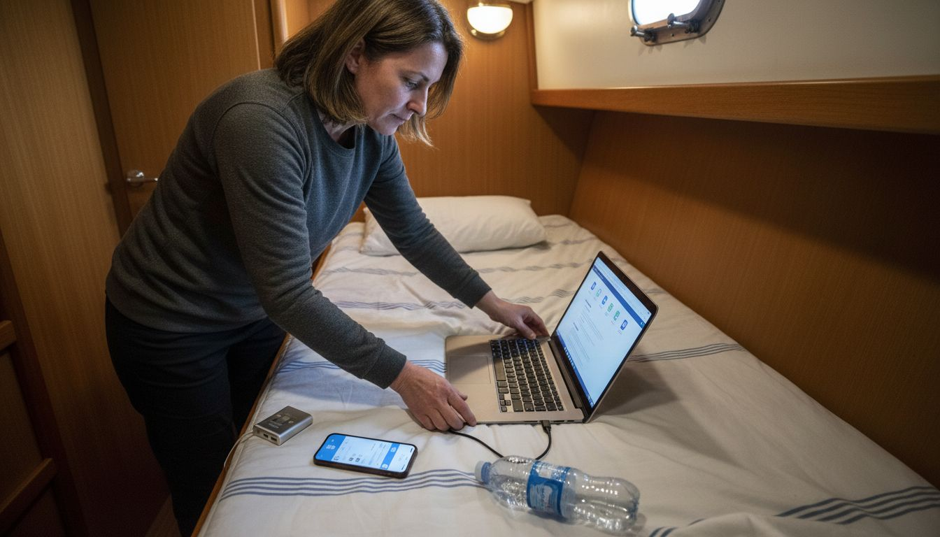 Un miembro de la tripulación está preparando el portátil para conectar a la red wifi.