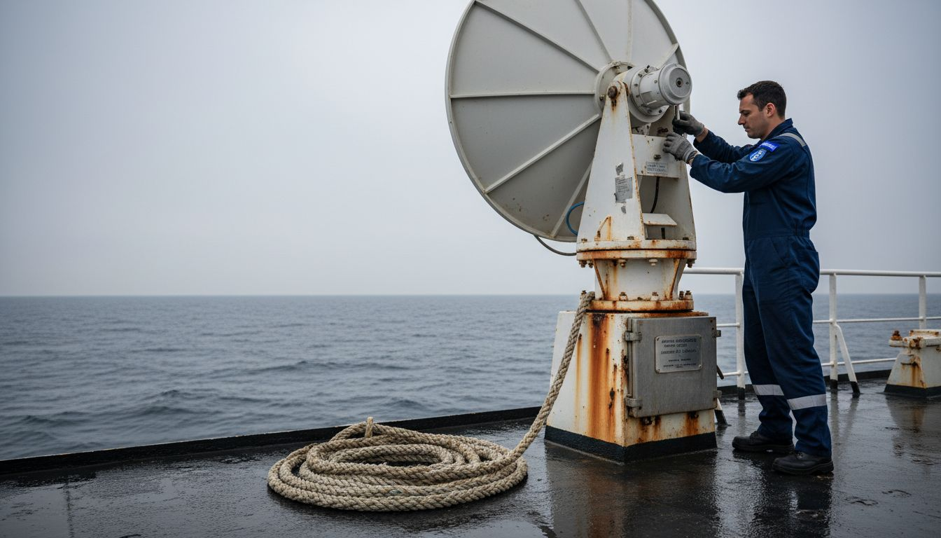 L’equipaggio sta regolando l’antenna satellitare della nave.