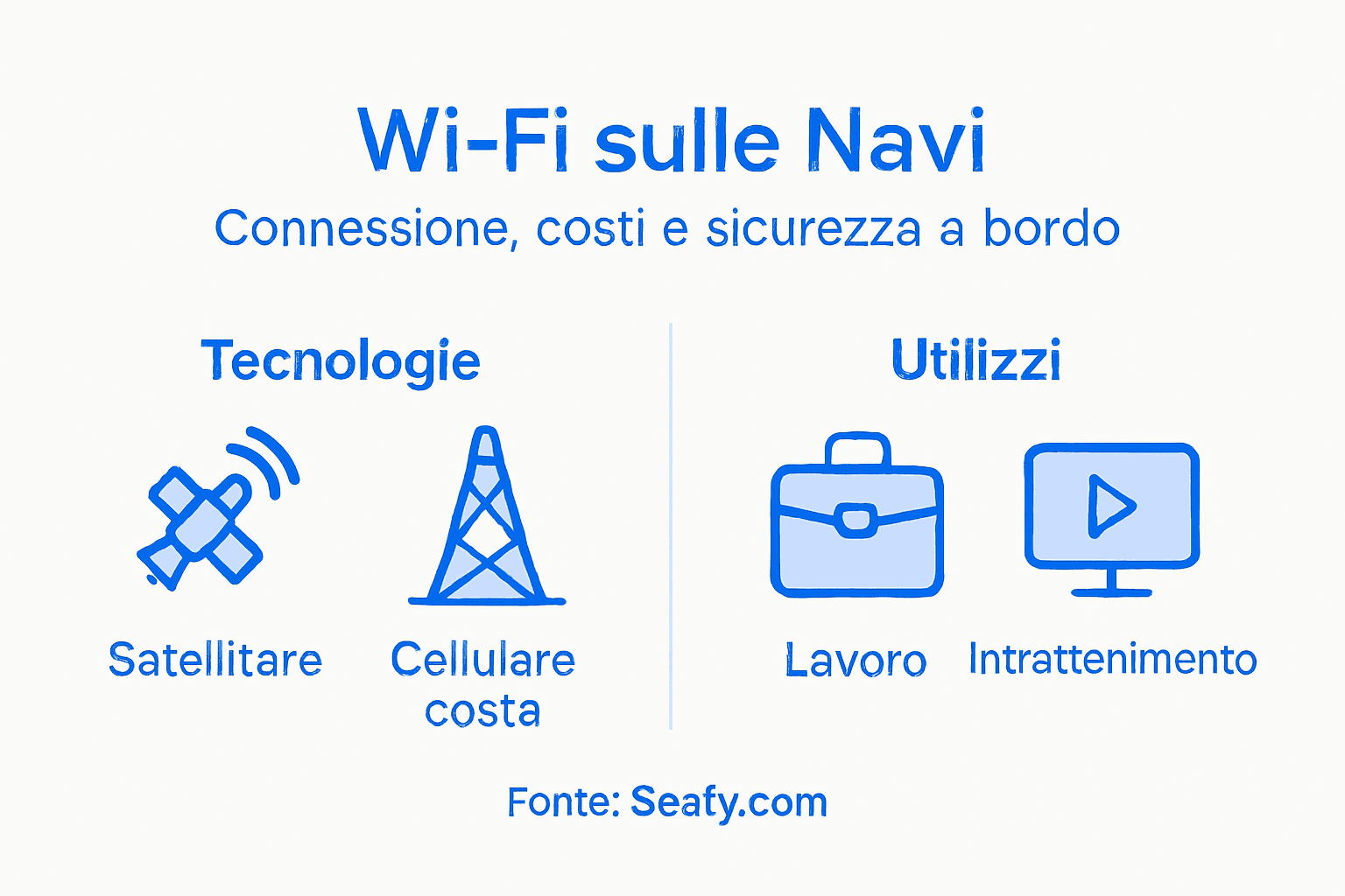 Infografica dedicata alle soluzioni Wi-Fi a bordo nave: tecnologie, applicazioni e vantaggi