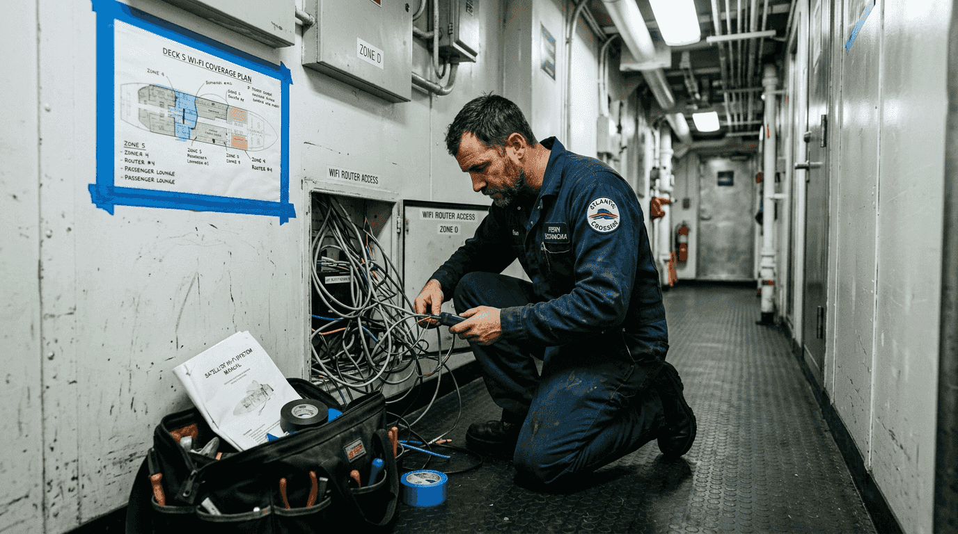 Ferry crew checking onboard Wi-Fi router