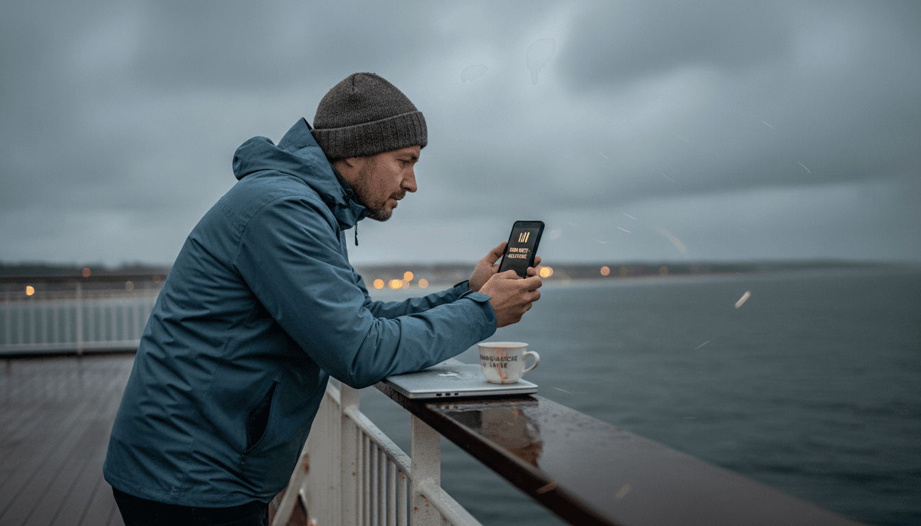 Ein Fahrgast steht auf dem Außendeck der Fähre und prüft, ob er Empfang mit seinem Handy hat.
