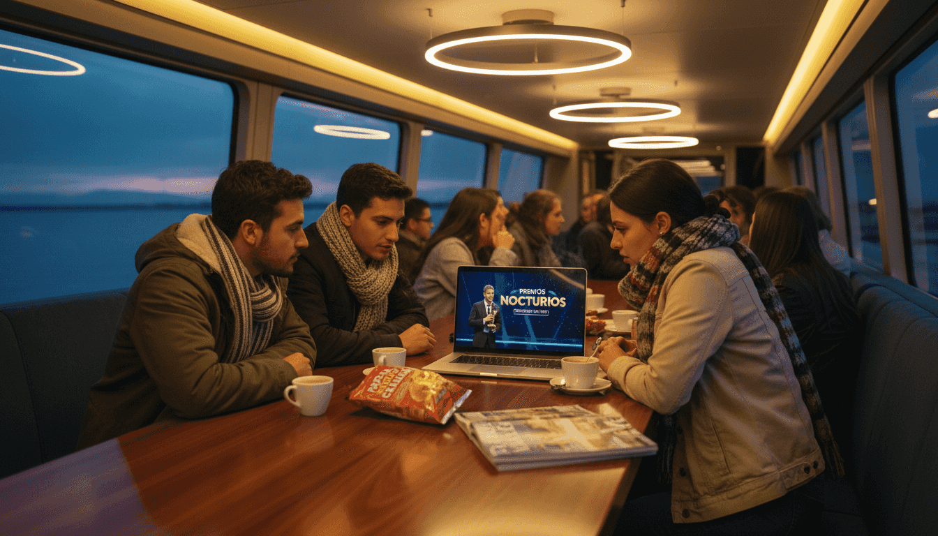 Un grupo de amigos disfruta viendo la gala de los Oscar juntos a bordo de un ferry.