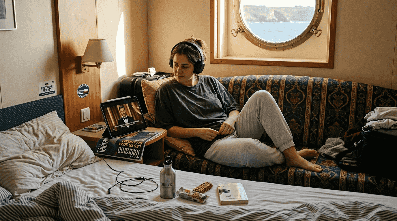 Installé confortablement dans sa cabine, un passager profite de la cérémonie des Oscars en streaming.