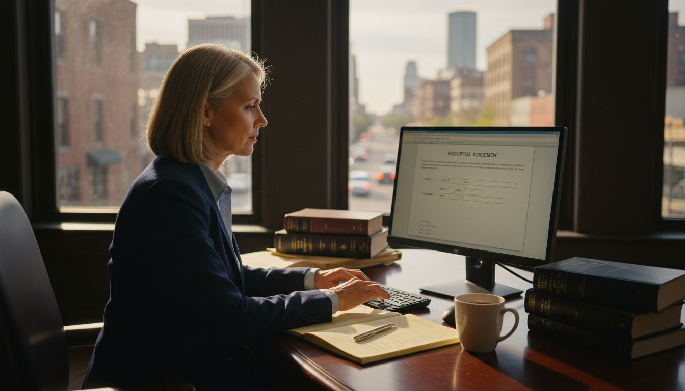 Attorney drafting prenuptial agreement at law office desk