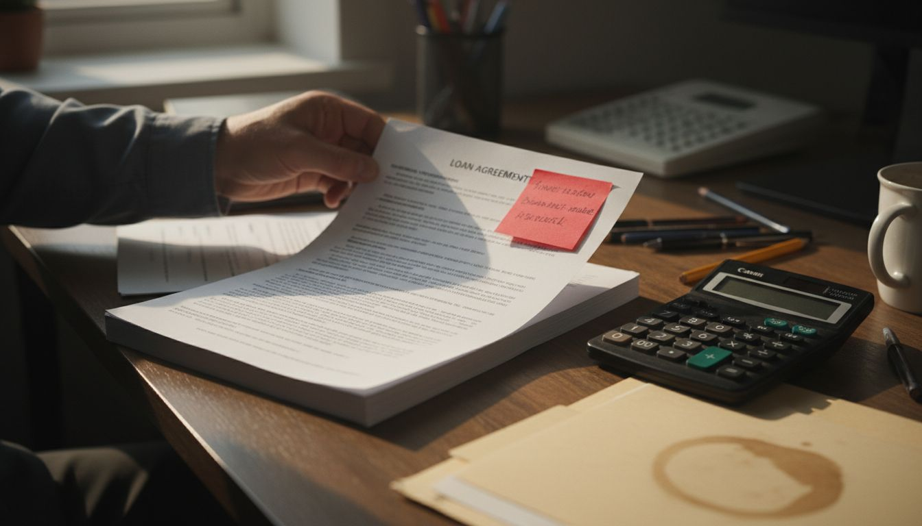 Hands flipping through loan agreement papers