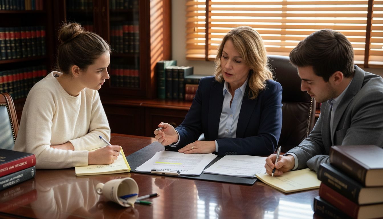 Attorney explaining LLC agreement at office desk