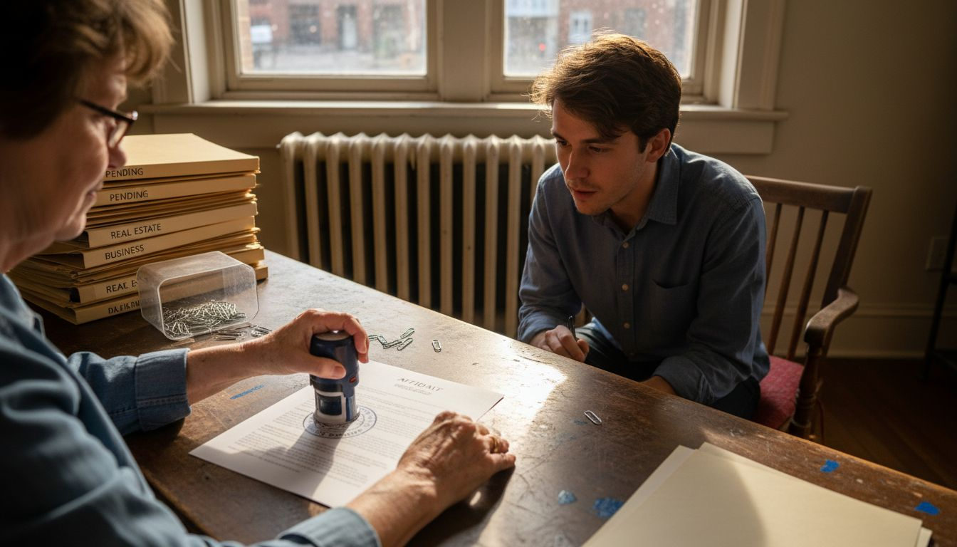Notary stamping affidavit with entrepreneur watching