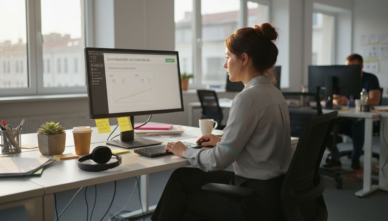 Egy irodai munkatárs éppen egy mesterséges intelligencia szoftver működését figyeli.