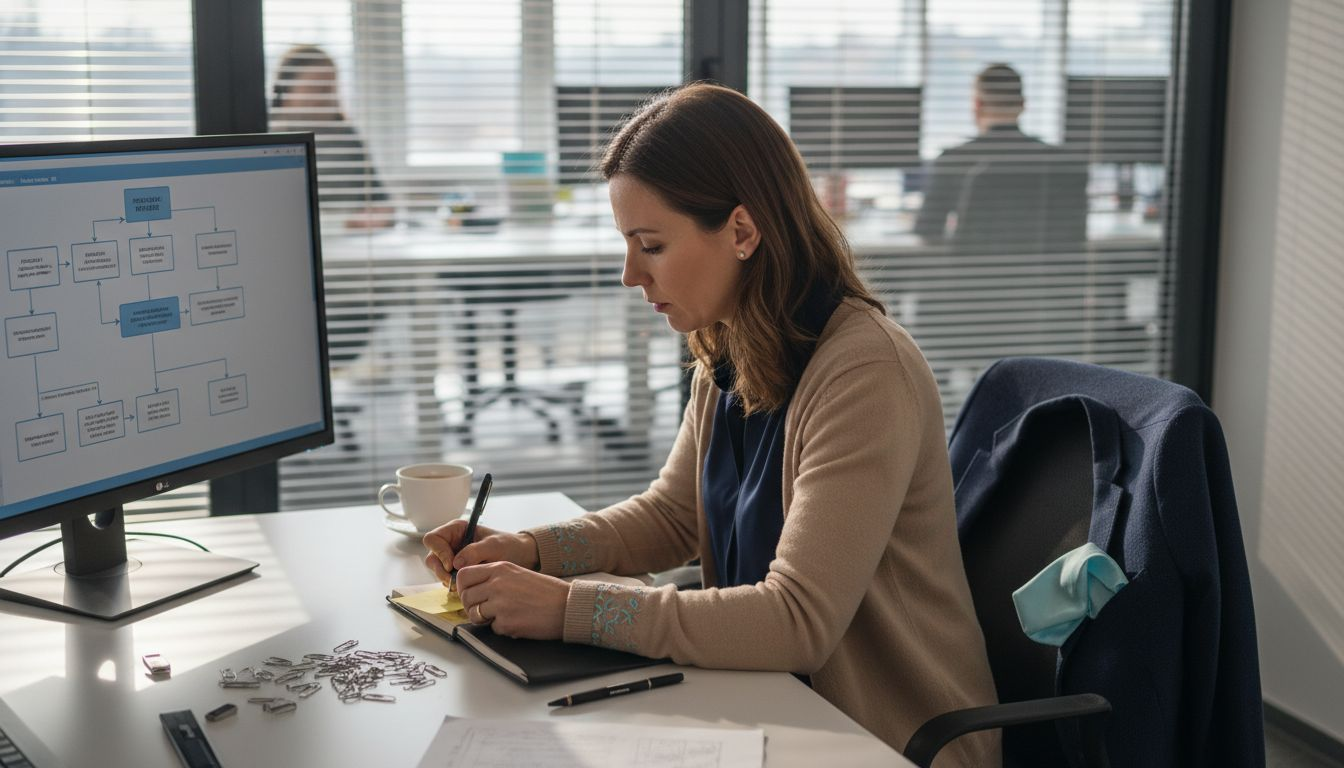 Egy elemző hölgy éppen egy folyamatábrát rajzol a tárgyalóban, hogy bemutassa a munkafolyamatokat a csapatnak.