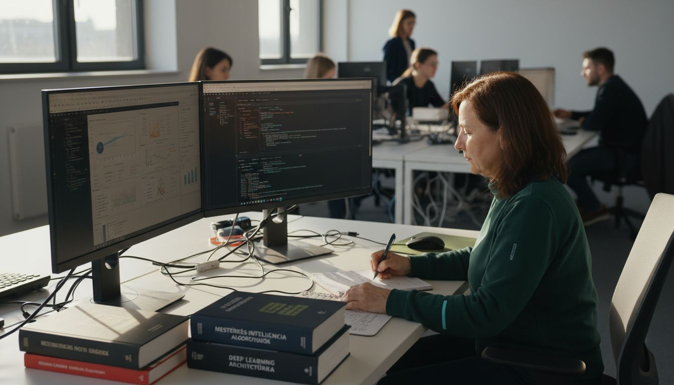 Egy nő mesterséges intelligencián alapuló tudásmenedzsment eszközöket használ a munkájához.