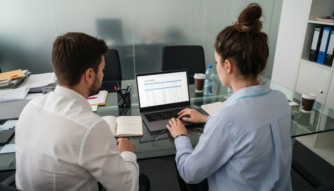 Munkatársak együtt elemeznek mesterséges intelligenciához kapcsolódó adatokat a laptopjukon.