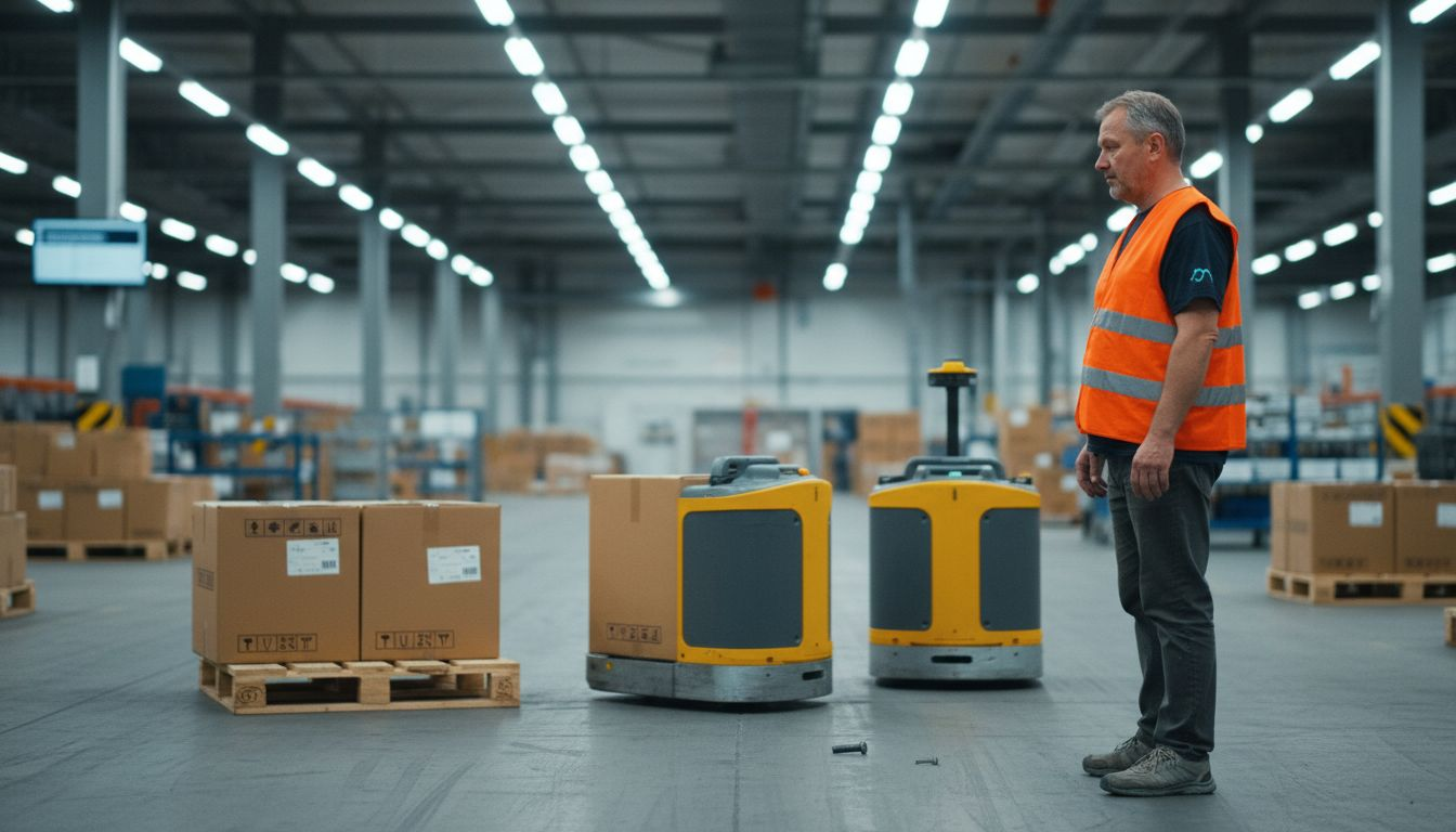 A raktárban mesterséges intelligenciával irányított robotok gondoskodnak az áruk mozgatásáról.