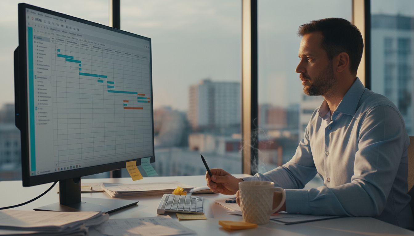 A projektvezető a tárgyalóban ülve egy Gantt-diagramot elemez.