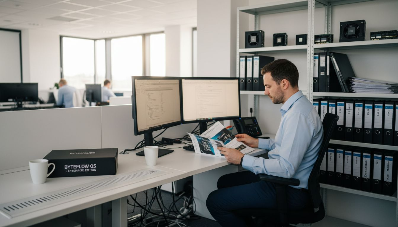 Az informatikus az irodában a megfelelő technológiák közül válogat.