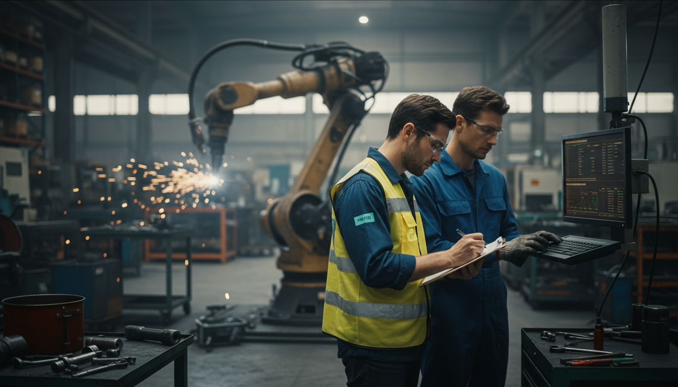 Technikusok egy mesterséges intelligenciával irányított üzemcsarnokban dolgoznak