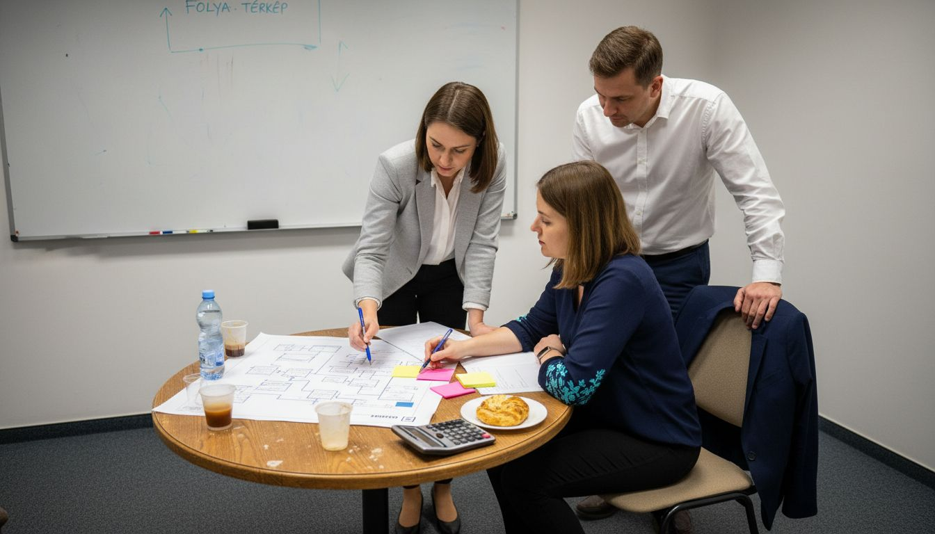 Egy kisebb csapat épp egy folyamatábrát vitat meg a tárgyalóban.
