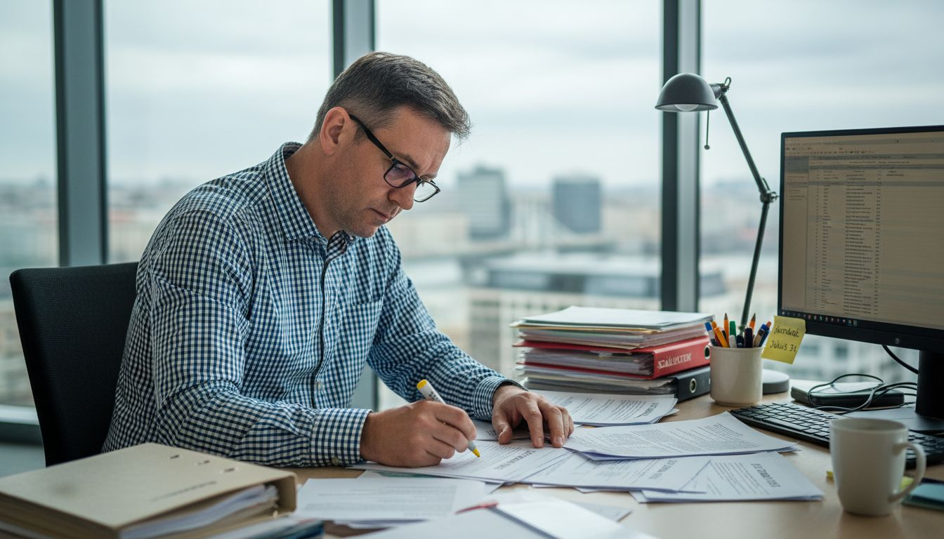A vezető éppen átnézi a mesterséges intelligenciával kapcsolatos megfelelőségi dokumentumokat.