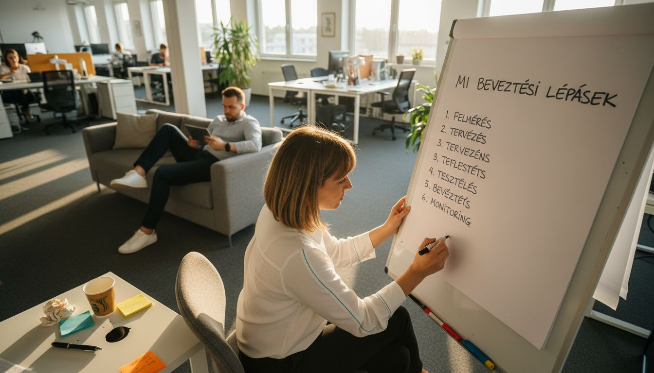 Egy hölgy épp MI bevezetésről tart prezentációt egy flipchart előtt, egy KKV irodájában.