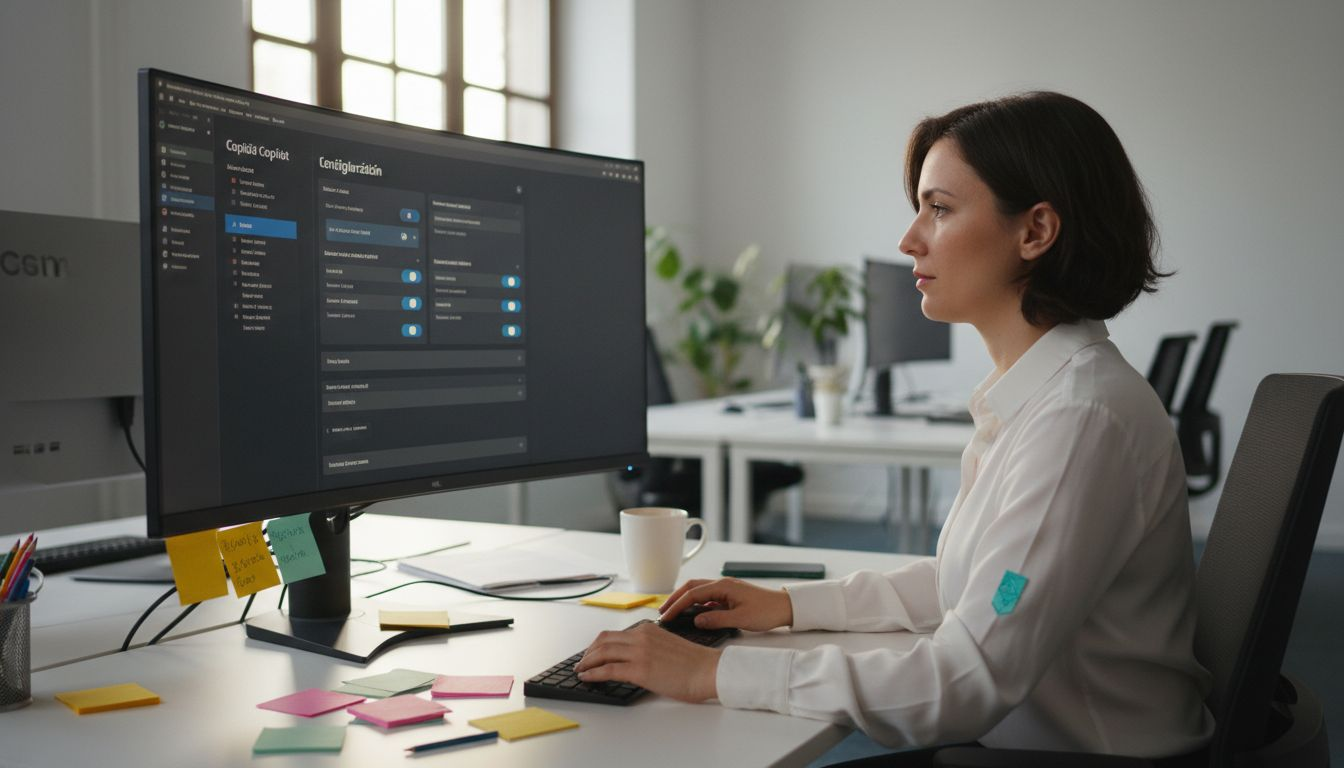 Egy nő a munkahelyén, az íróasztalánál ülve személyre szabja a Copilotot.