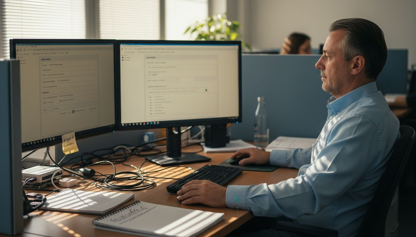 Egy informatikus éppen a CRM rendszert frissíti a papírokkal és kávéscsészékkel zsúfolt íróasztalánál.