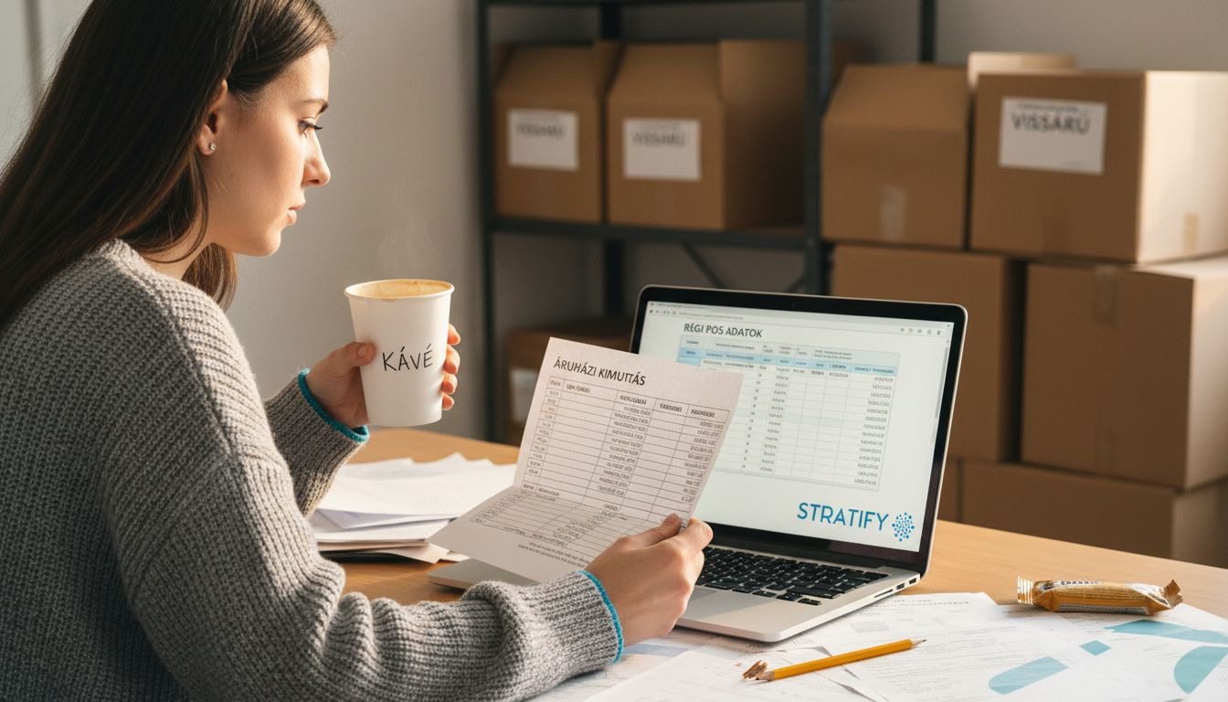 Egy nő egy irodában ül, és mesterséges intelligencia által készített jelentést elemez.