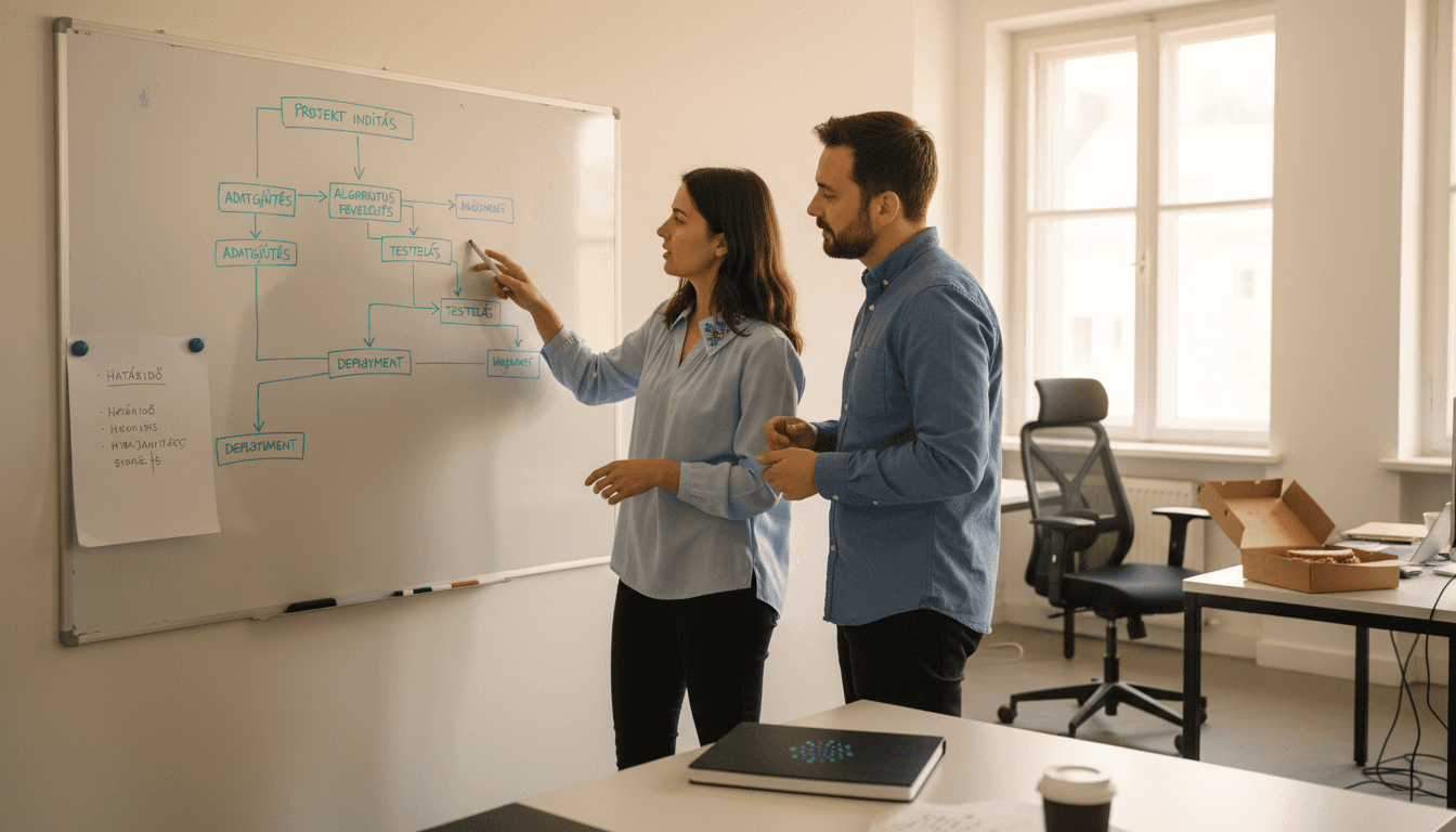 Szoftvermérnökök egyeztetnek egy új mesterséges intelligencia fejlesztéséről.