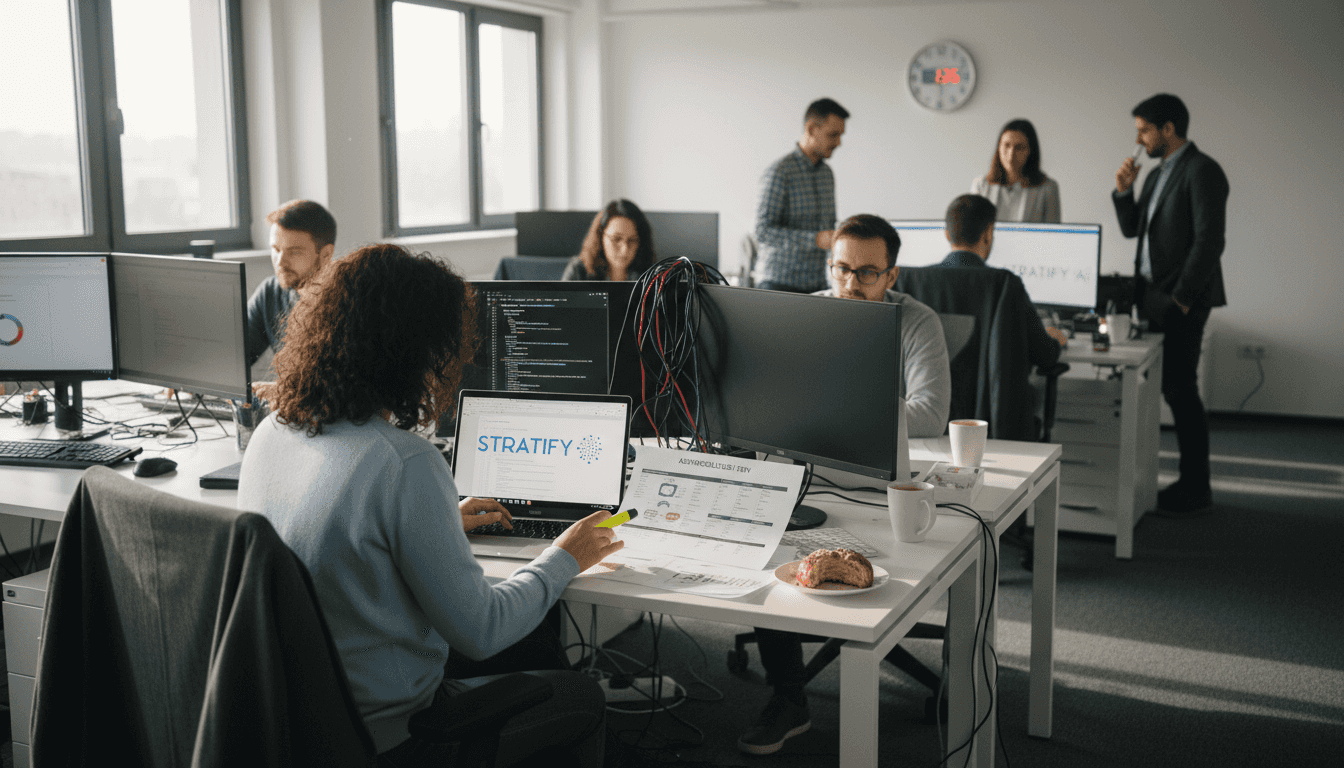 Az informatikai és üzleti csapat tagjai közösen dolgoznak az íróasztaloknál, egymással szorosan együttműködve.