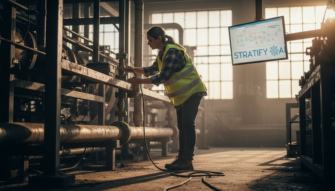 Egy gyári munkatárs éppen szenzort vizsgál, hogy adatokat gyűjthessen vele.
