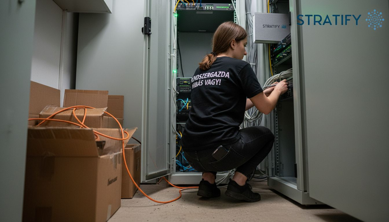 Egy nő adatátviteli kábeleket szerel a szerverteremben.