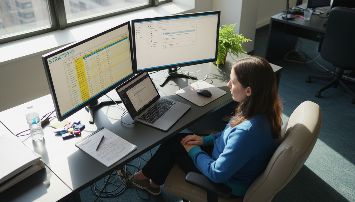 Egy nő adat-előkészítéssel foglalkozik az irodában.