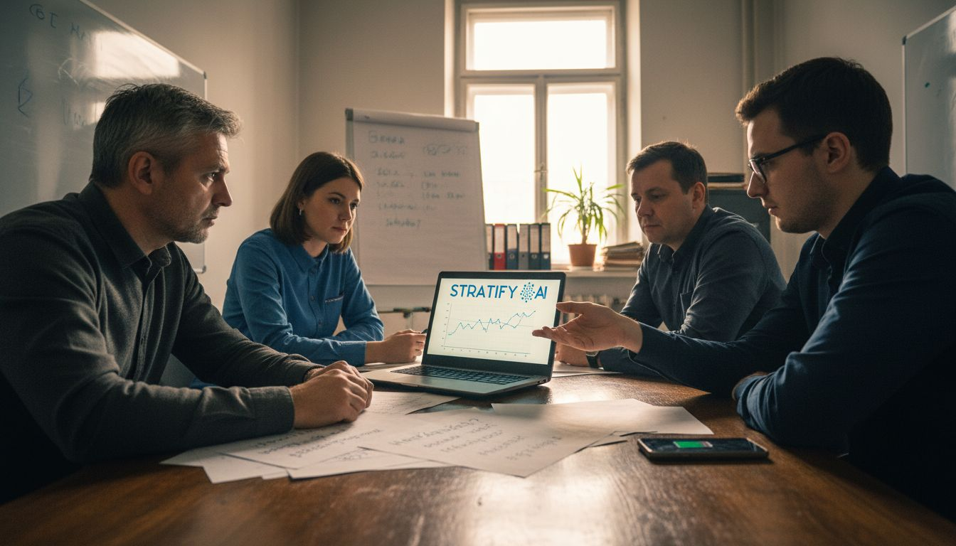 A csapat a tárgyalóban beszéli meg a projekt eredményeit.