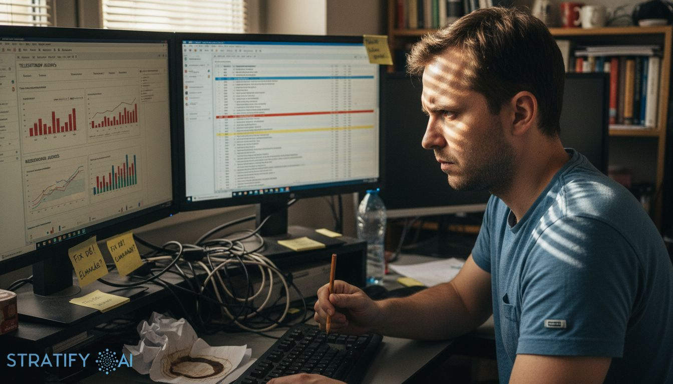 Feszültséggel küzdő szakember próbálja megoldani az AI adatfeldolgozási hibáit.