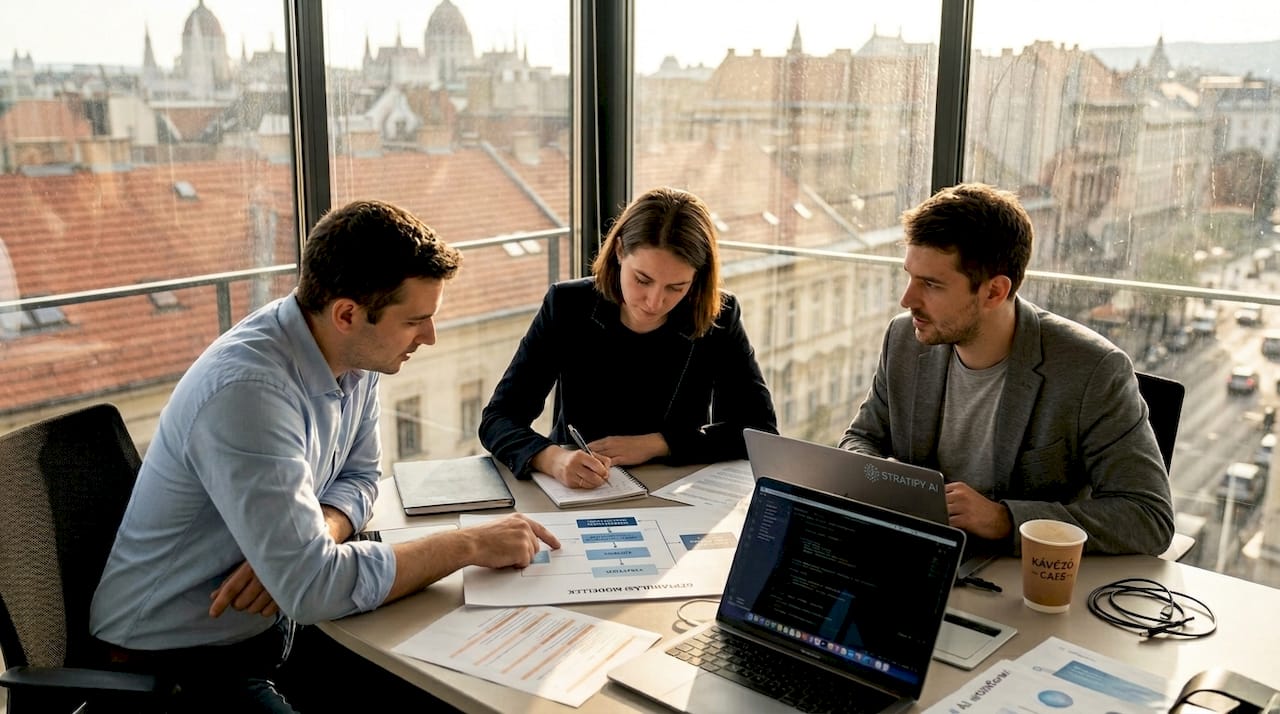 Egy startup csapat éppen egy nyílt forráskódú mesterséges intelligenciával kapcsolatos diagramról ötletel és vitatkozik.